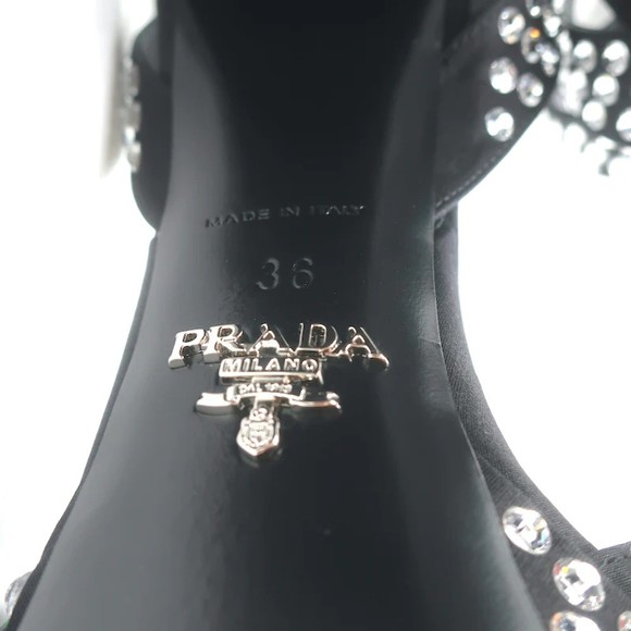 Prada Crystal-Embellished Platform Sandals Black Satin Size 36 Ankle Strap Heels - Picture 10 of 10
